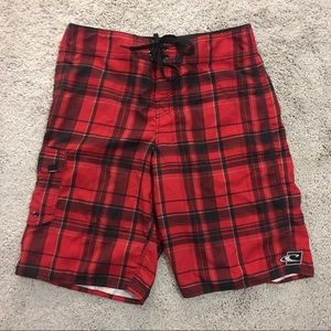 O’Neill Red Black Plaid Board Shorts Surf Size 32